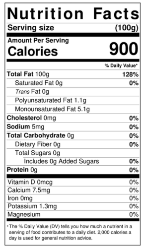 Organic RBD Coconut Oil Nutritional Label